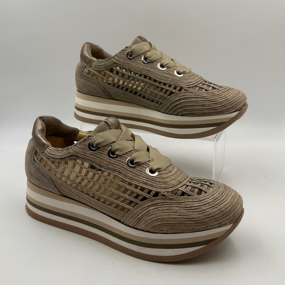 New Softwaves Platform Sneakers Women 38.5 Taupe Woven Raffia Metallic Boho Chic